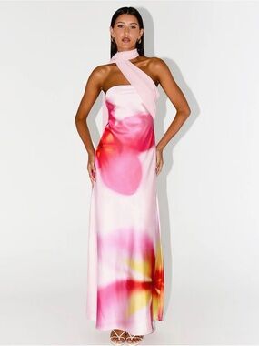 Peppermayo Maxi Dress Pink Abstract Floral Halter Scarf Neck Satin Wedding Guest